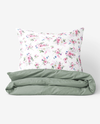 Bavlnené posteľné obliečky Duo - ružové sakury s lístkami s šalvejovo zelenou