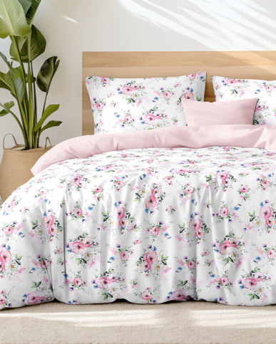 Bavlnené posteľné obliečky Duo - ružové sakury s lístkami s púdrovo ružovou