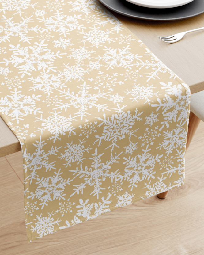 Vianočný behúň na stôl 100% bavlna - snehové vločky na zlatom