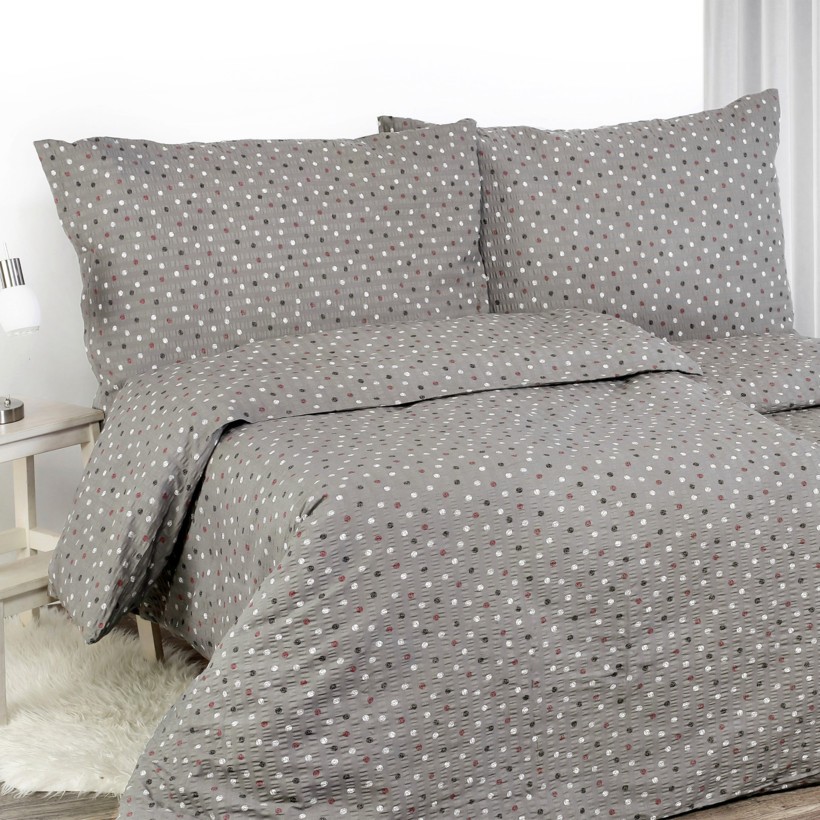 Krepové posteľné obliečky - farebné bodky na tmavo sivom
