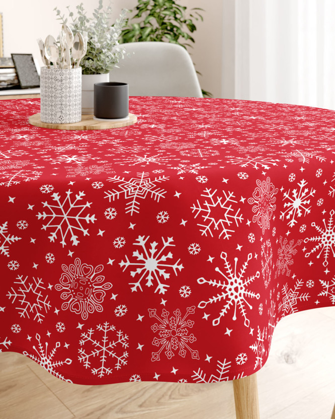 Vianočný okrúhly obrus 100% bavlna - snehové vločky na červenom