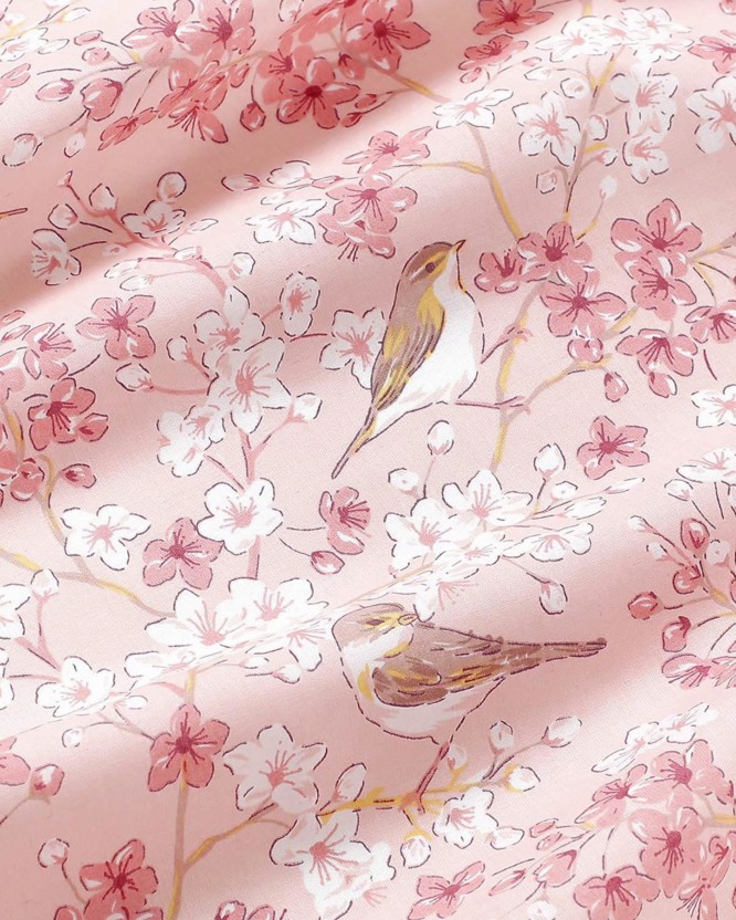 Bavlnené plátno - vtáčiky v ružovej záhrade