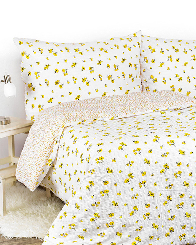 Krepové posteľné obliečky - žlté kvety a kvietky na bielom