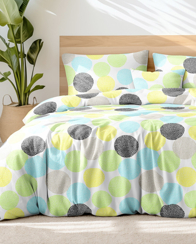 Bavlnené posteľné obliečky - farebné kruhy s drobnými tvarmi