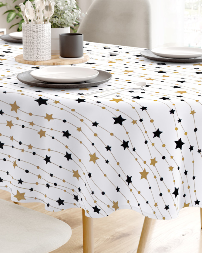 Oválny obrus 100% bavlnené plátno - zlaté a čierne hviezdičky na bielom