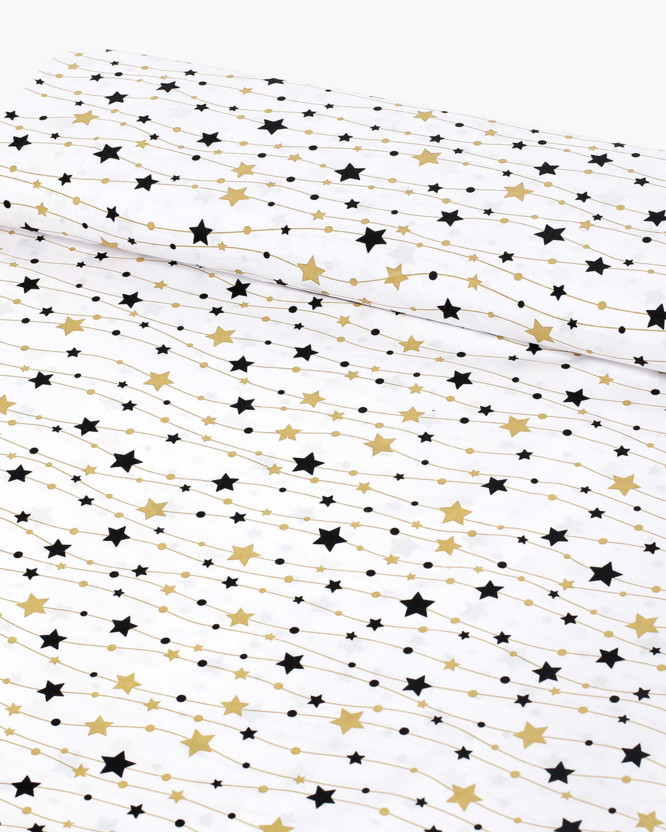 Bavlnené plátno - zlaté a čierne hviezdičky na bielom